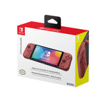 HORI Split Pad Compact Apricot Red handheld controller for Nintendo Switch in official retail packaging, showing the red controllers attached to a Nintendo Switch console.