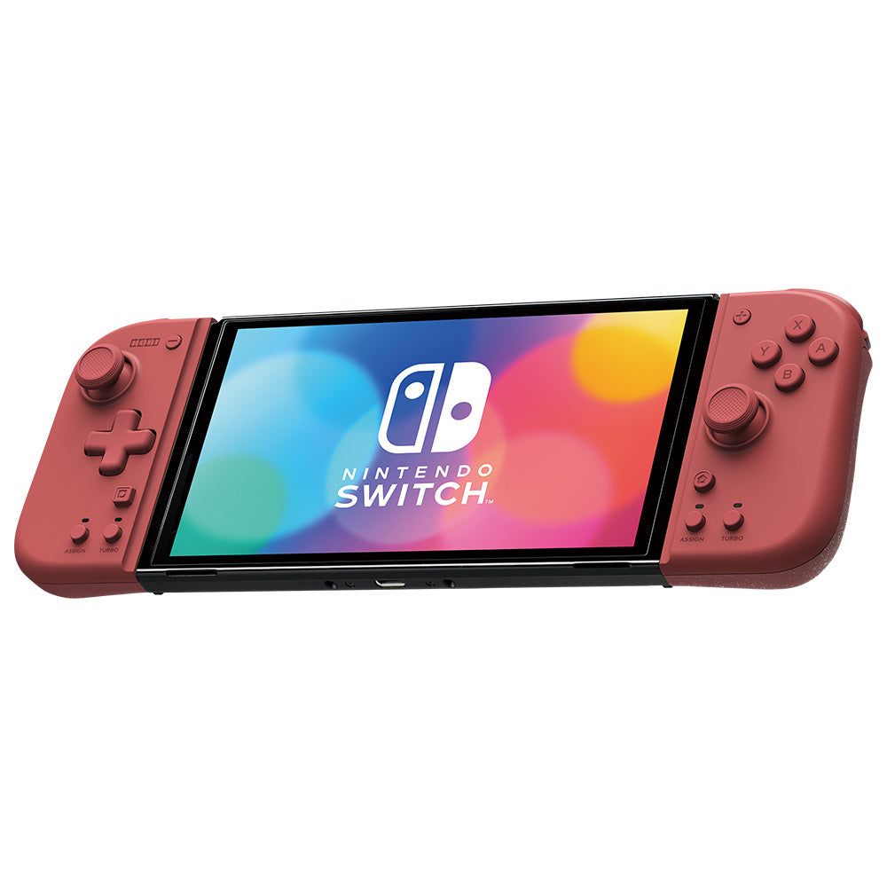 HORI Split Pad Compact Apricot Red controllers attached to a Nintendo Switch console, front view showing the ergonomic grips, full-size analogue sticks and button layout.