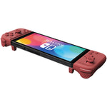 HORI Split Pad Compact Apricot Red Nintendo Switch controllers shown from an angle, highlighting the larger handheld grips and comfortable gaming design.
