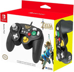 HORI The Legend of Zelda Battle Pad GameCube-style wired controller in its official Nintendo Switch retail packaging, featuring Zelda artwork and controller design.