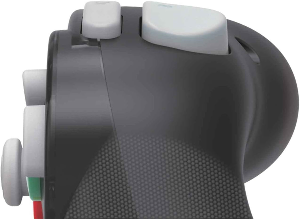 Close-up side view of the HORI Zelda Battle Pad Nintendo Switch controller showing the shoulder buttons, textured black hand grip and GameCube-style ergonomic design.