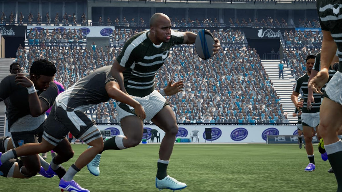 Jonah Lomu Rugby Challenge 4 Nintendo Switch gameplay featuring a rugby player sprinting with the ball past opposing players in a packed stadium.