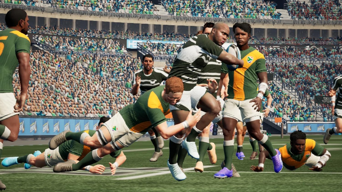 Jonah Lomu Rugby Challenge 4 Nintendo Switch screenshot showing rugby players making tackles during an international rugby match.