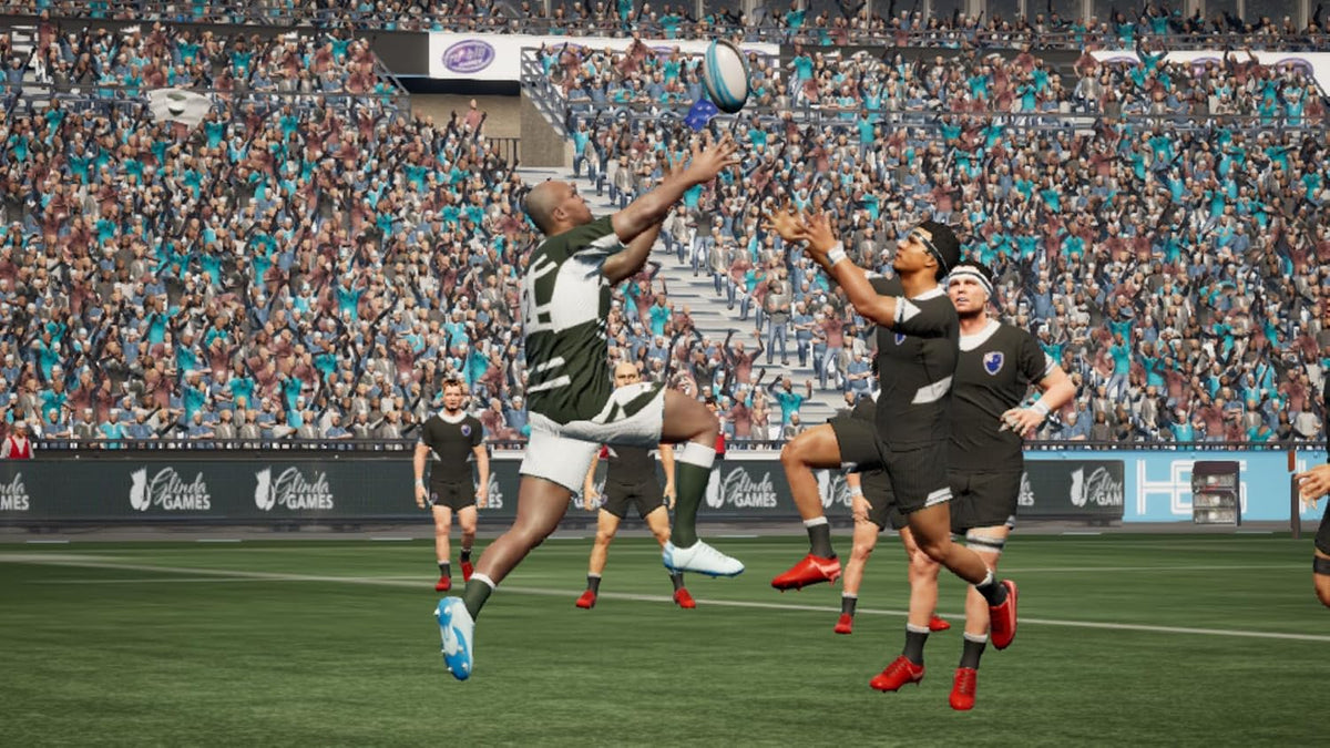 Jonah Lomu Rugby Challenge 4 Nintendo Switch gameplay showing rugby players jumping and reaching for the ball during a match in a crowded stadium.