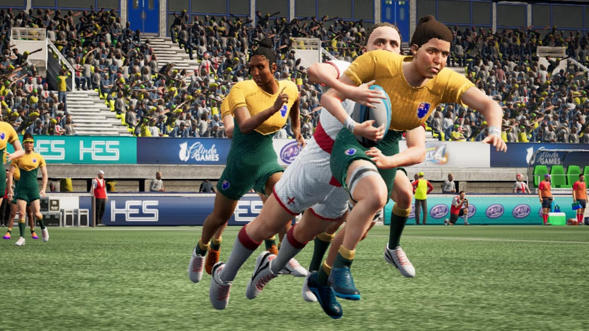 Jonah Lomu Rugby Challenge 4 Nintendo Switch gameplay featuring a rugby player carrying the ball while being tackled by opponents in yellow and green kits.