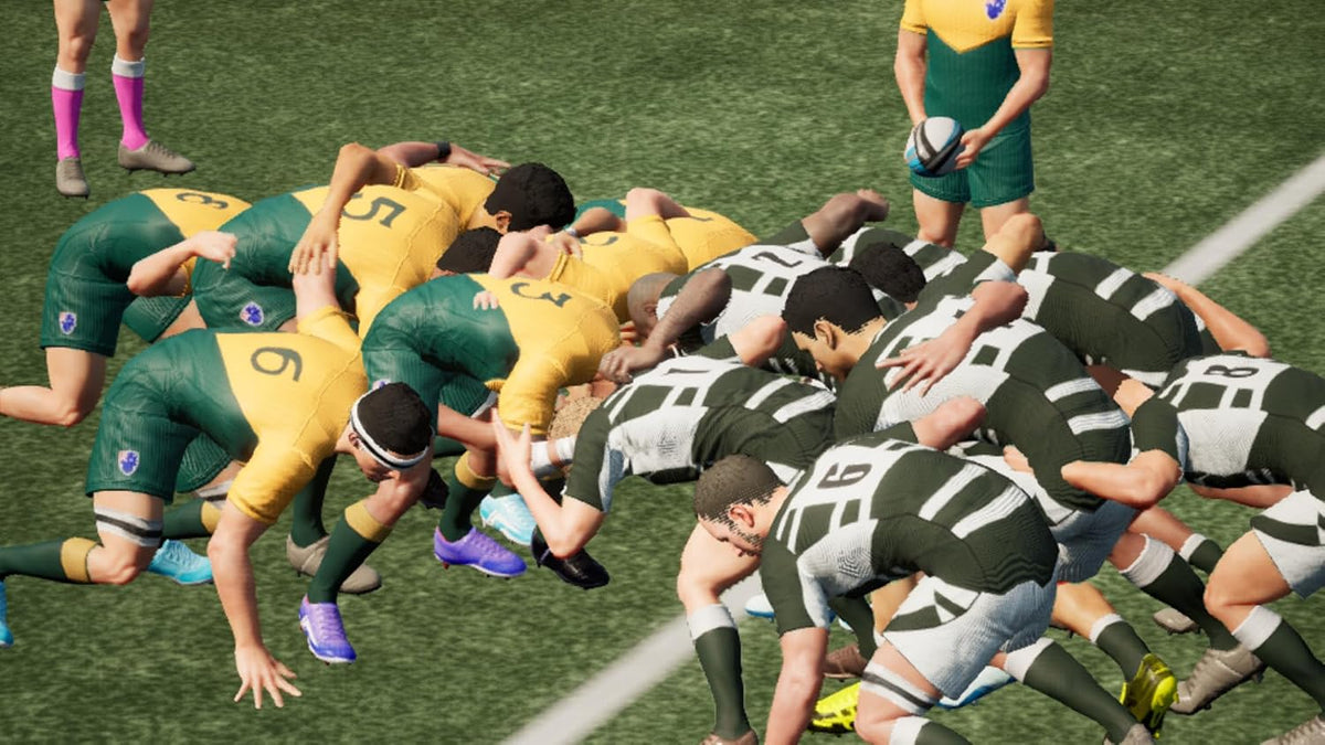 Jonah Lomu Rugby Challenge 4 Nintendo Switch gameplay screenshot showing two rugby teams competing in a scrum on the pitch.