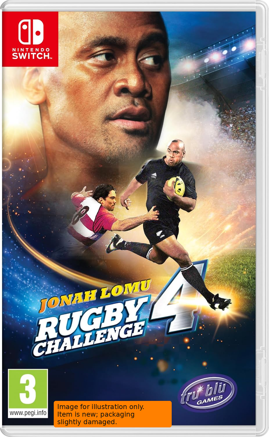Jonah Lomu Rugby Challenge 4 Nintendo Switch game cover featuring rugby legend Jonah Lomu, rugby action artwork and PEGI 3 rating.