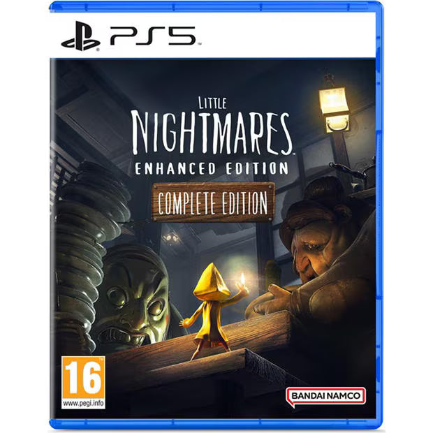 Little Nightmares Enhanced Edition Complete Edition for PlayStation 5, featuring Six in her yellow raincoat, terrifying characters and official Bandai Namco cover artwork.