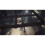 Little Nightmares Enhanced Edition PlayStation 5 gameplay featuring Six in her yellow raincoat navigating wooden beams above a frightening creature.