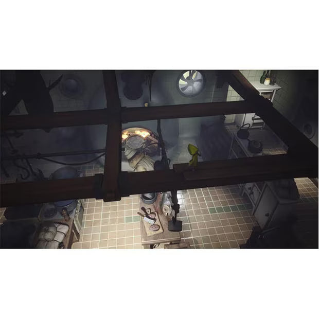 Little Nightmares Enhanced Edition PlayStation 5 gameplay featuring Six in her yellow raincoat navigating wooden beams above a frightening creature.