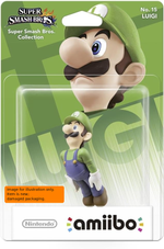 Super Smash Bros. Luigi amiibo packaging with green cap and overalls on a green background