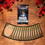 Magic The Gathering Tarkir Dragonstorm Play Booster Pack displayed with a selection of MTG trading cards arranged on a wooden surface.