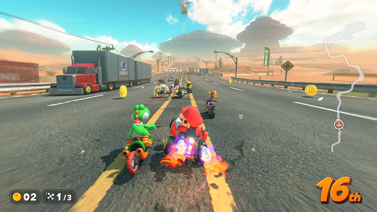 Mario Kart World gameplay on Nintendo Switch 2 showing racers competing on an open road course