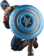 Captain America Marvel Legends figure crouching behind shield in defensive pose