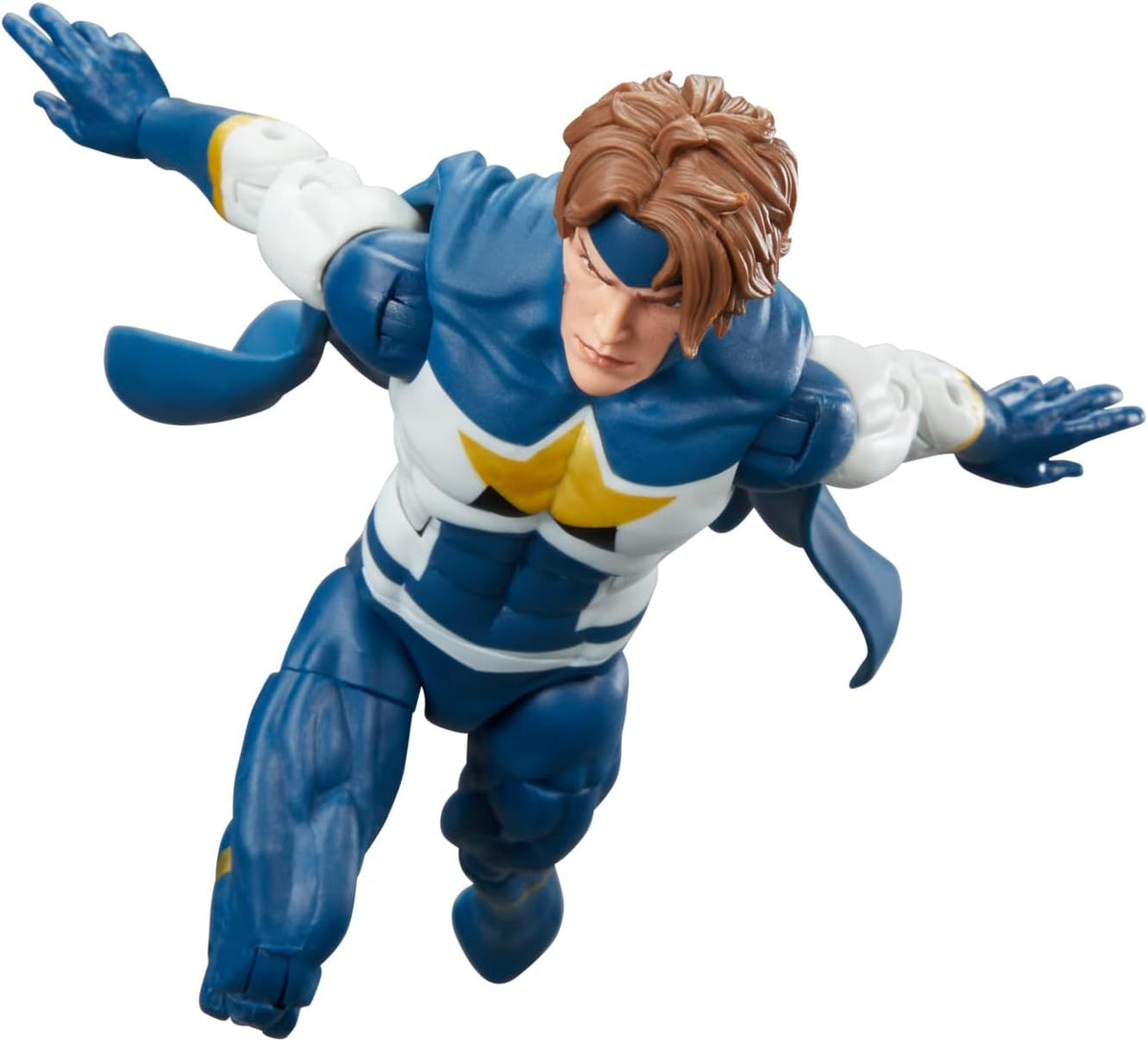Marvel Legends Justice action figure posed flying with blue and white costume and cape