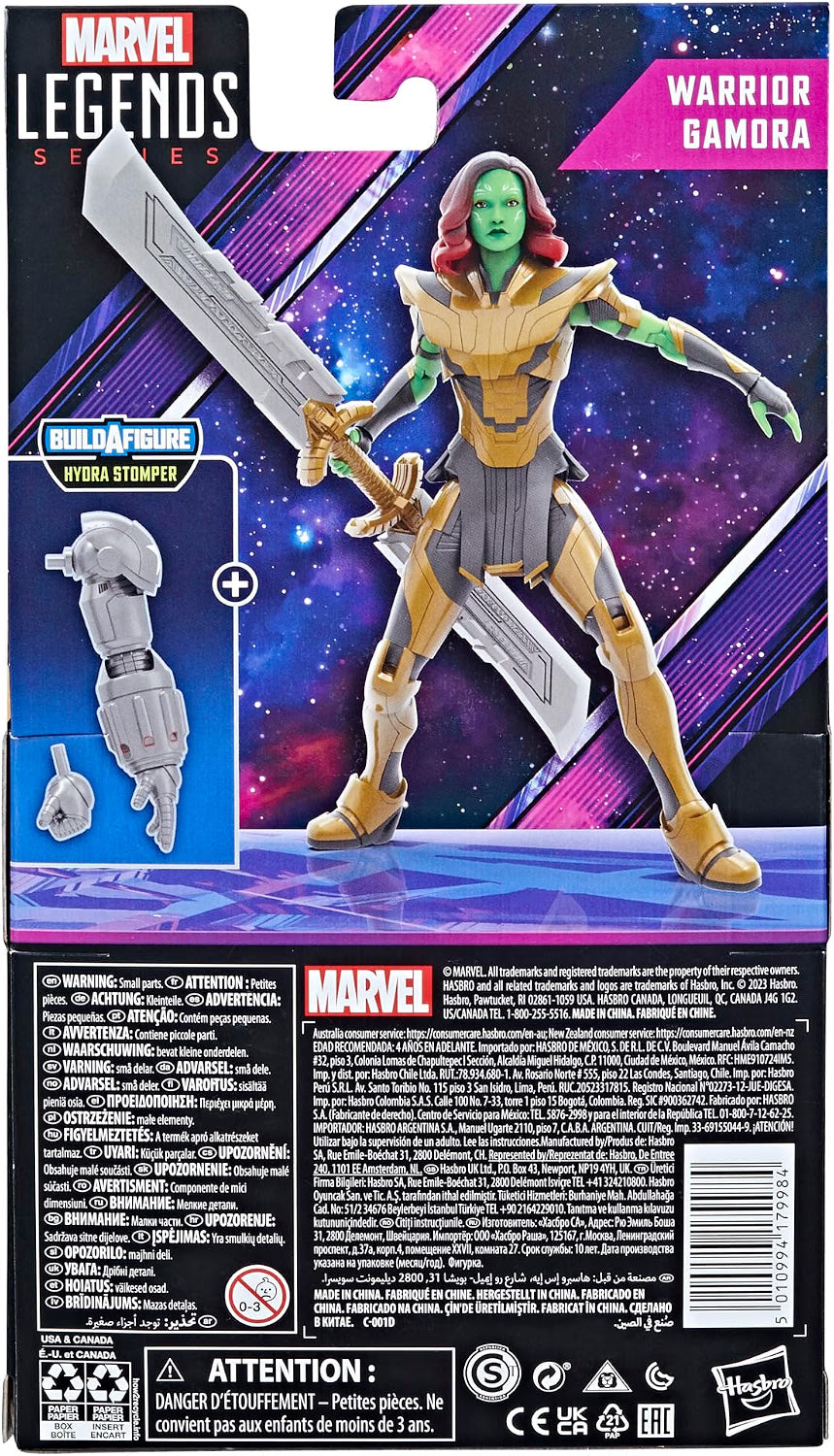 Back of Marvel Legends Warrior Gamora What If...? packaging showing figure artwork and Hydra Stomper Build-A-Figure parts