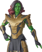 Close-up of Marvel Legends Warrior Gamora figure with green skin, gold armour and detailed facial markings