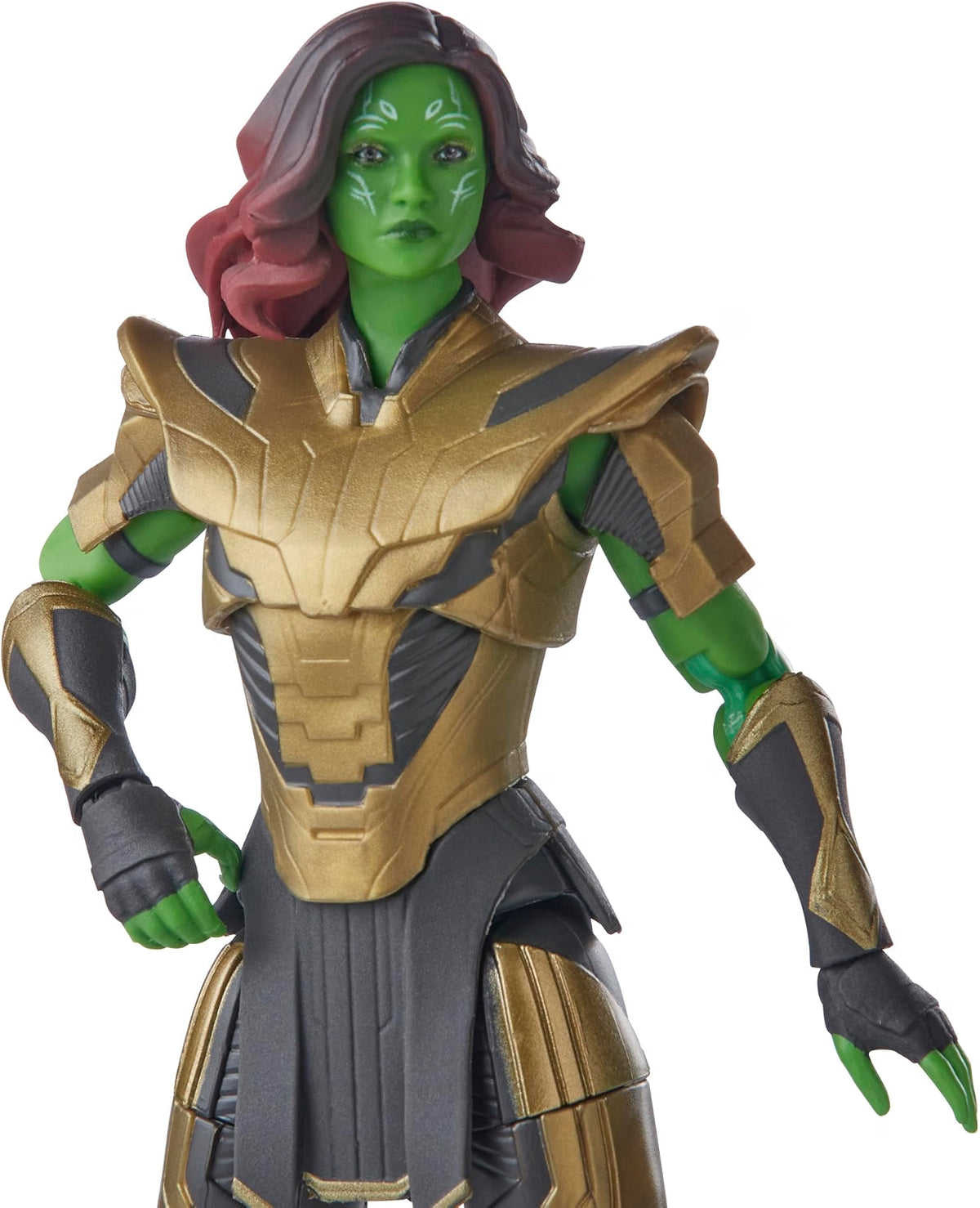Close-up of Marvel Legends Warrior Gamora figure with green skin, gold armour and detailed facial markings