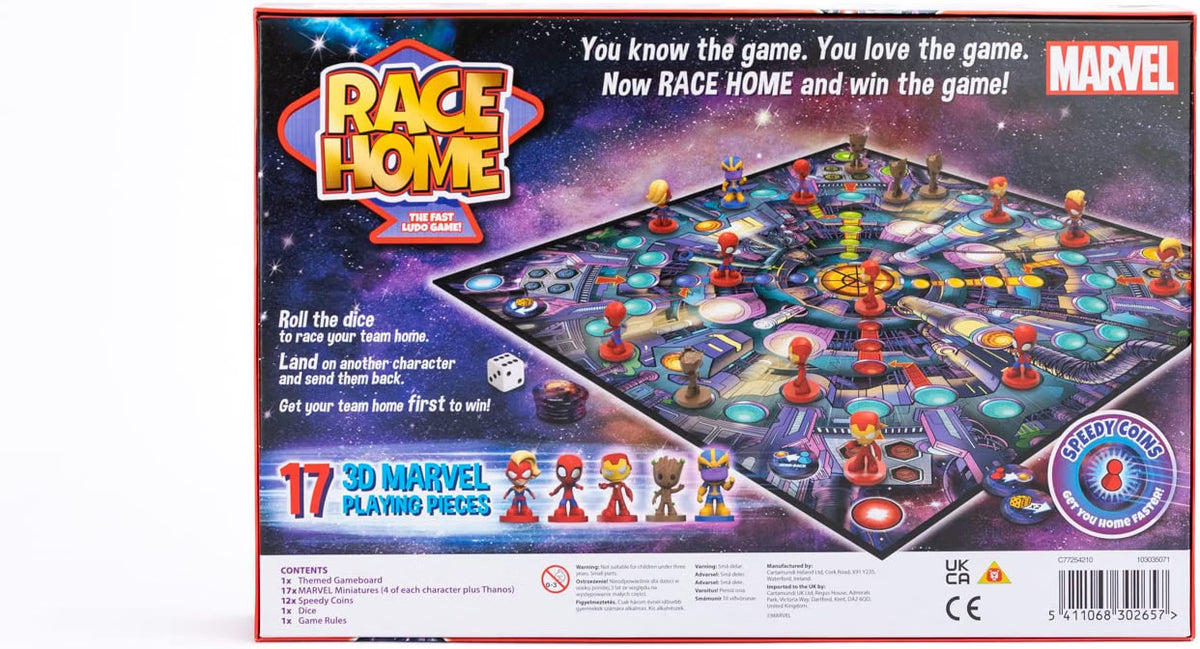Back of Marvel Race Home The Fast Ludo Game box showing gameplay, contents and 17 Marvel playing pieces
