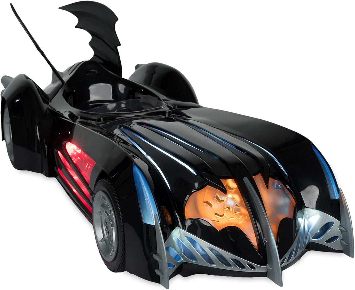 McFarlane Batman and Robin Batmobile shown from the front with illuminated red, orange and blue light-up details