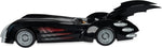Side profile of the McFarlane Batman and Robin Batmobile showing its black body, rear bat fins and silver wheels