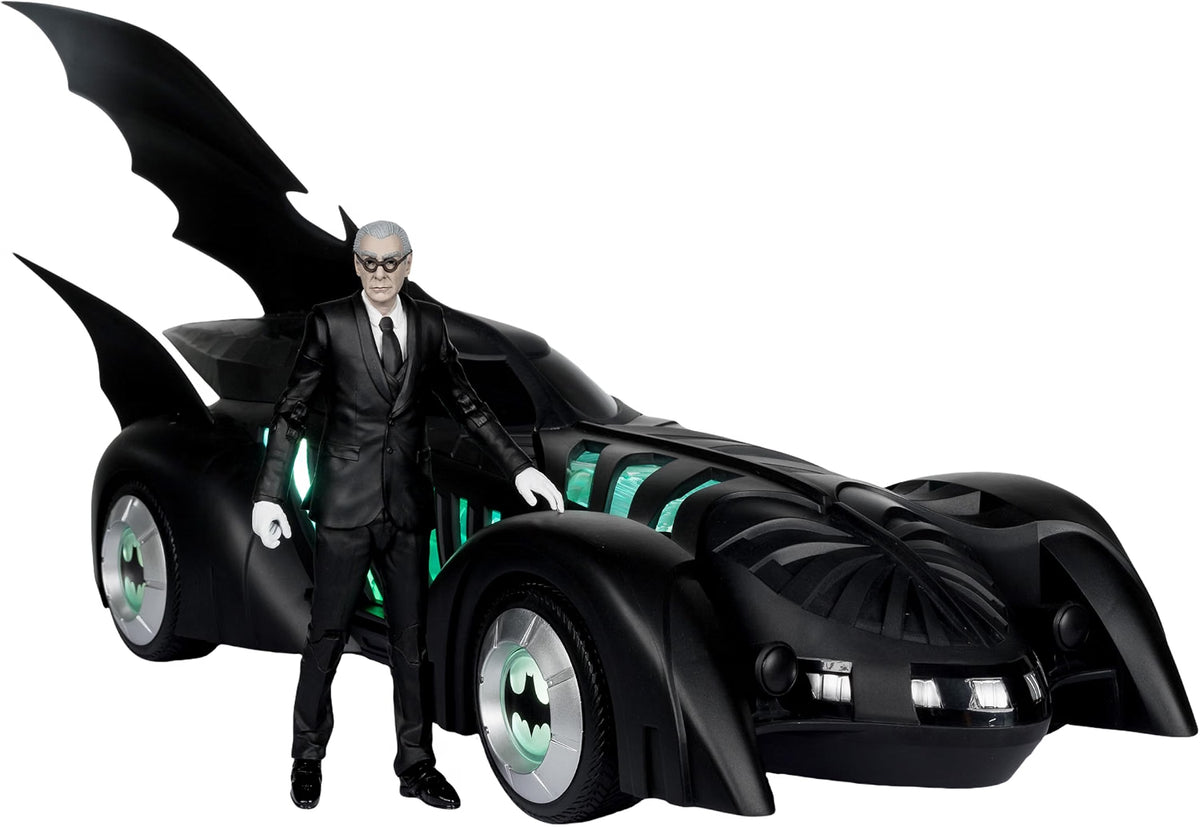 McFarlane Batman Forever Batmobile with Alfred Pennyworth action figure and illuminated green vehicle details
