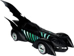McFarlane Batman Forever Batmobile shown from an angled view with illuminated green side details and large bat fins