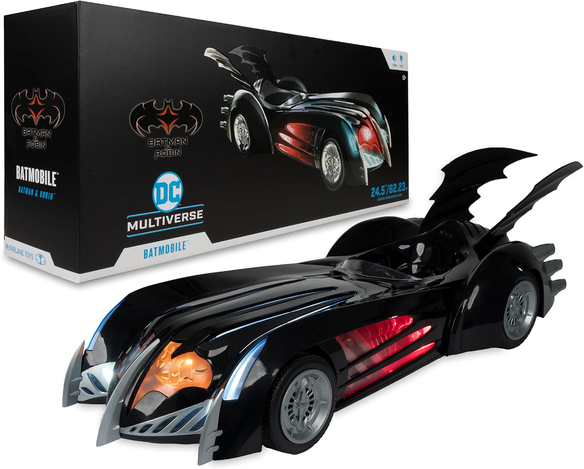 McFarlane DC Multiverse Batman and Robin Batmobile shown with its retail box and illuminated vehicle details