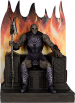 McFarlane DC Multiverse Darkseid action figure seated on his throne with weapon and fiery backdrop