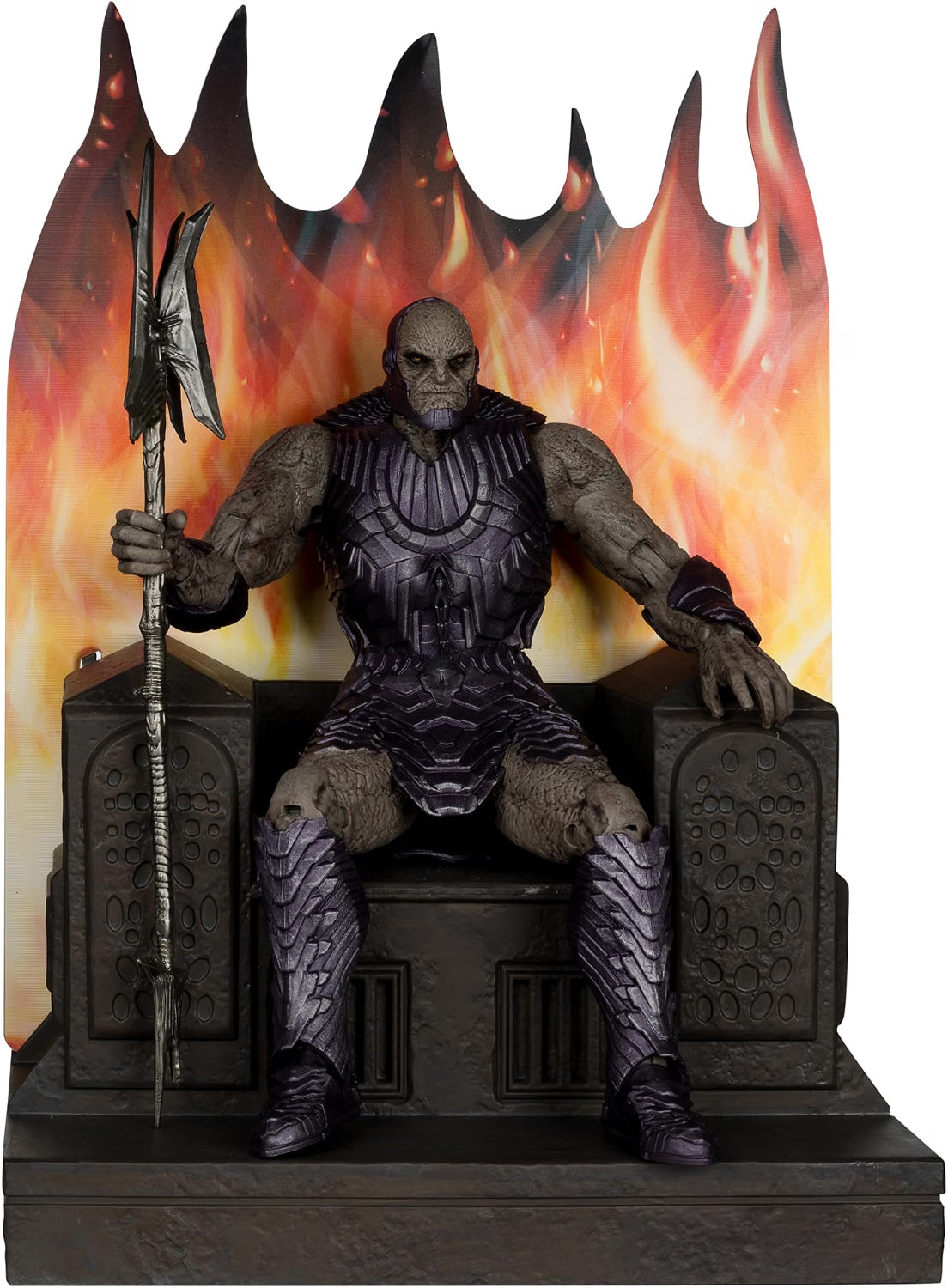 McFarlane DC Multiverse Darkseid action figure seated on his throne with weapon and fiery backdrop