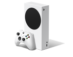 Microsoft Xbox Series S 1TB All-Digital Console standing vertically alongside the white Xbox Wireless Controller, featuring its compact design and black ventilation grille.