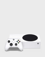 Microsoft Xbox Series S 1TB Digital Console displayed horizontally with its matching white wireless controller, showing the compact Xbox design and black circular cooling vent.