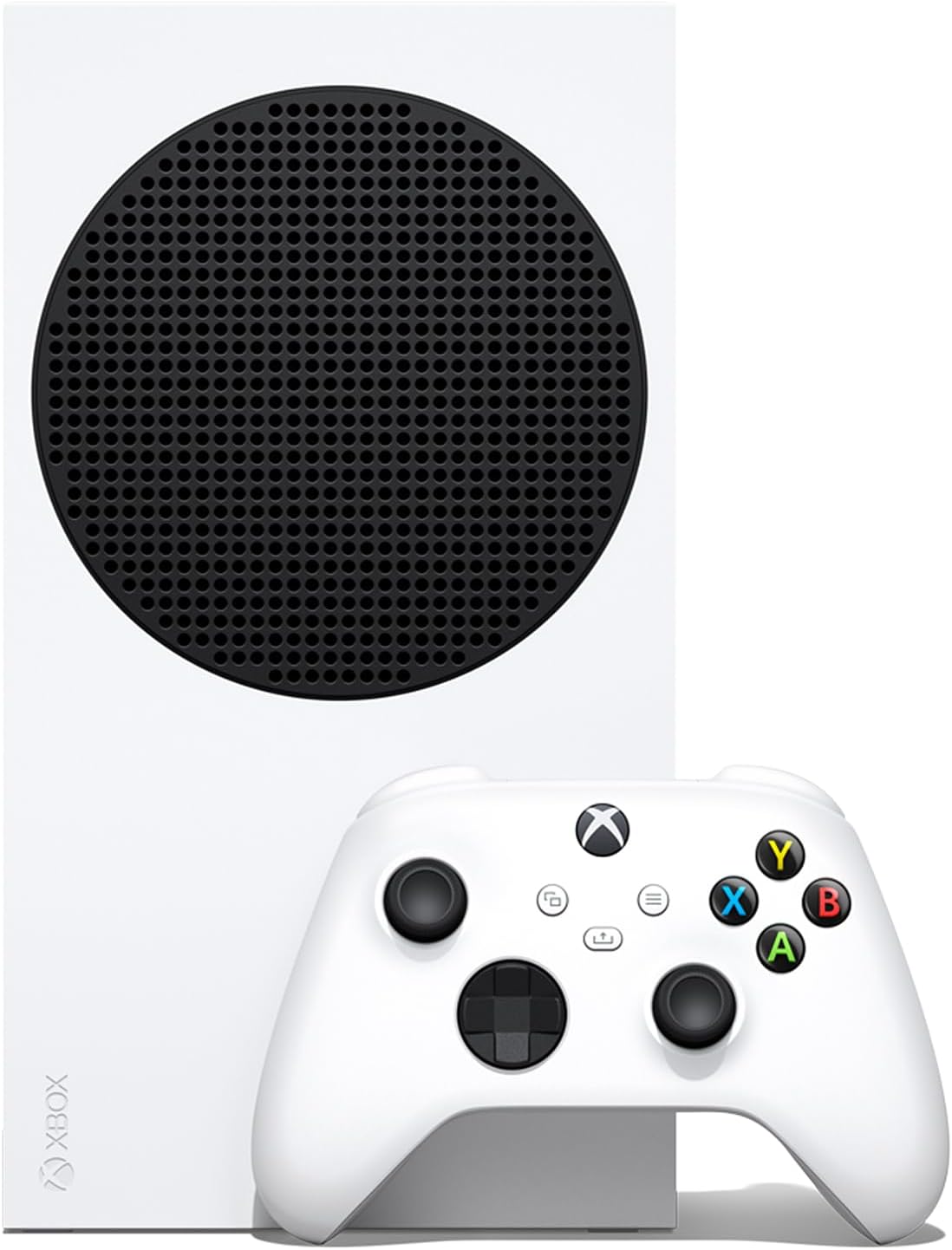 Microsoft Xbox Series S 1TB Digital Console in Robot White, front view showing the large black cooling vent and matching Xbox Wireless Controller.
