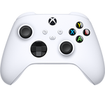 Official Microsoft Xbox Wireless Controller in Robot White, front view showing black analogue sticks, hybrid D-pad, colourful ABXY buttons and dedicated Share button.