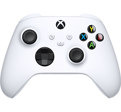 Official Microsoft Xbox Wireless Controller in Robot White, front view showing black analogue sticks, hybrid D-pad, colourful ABXY buttons and dedicated Share button.