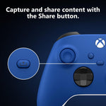 Close-up of the dedicated Share button on the Microsoft Xbox Wireless Controller in Shock Blue, used to capture screenshots and record gameplay.
