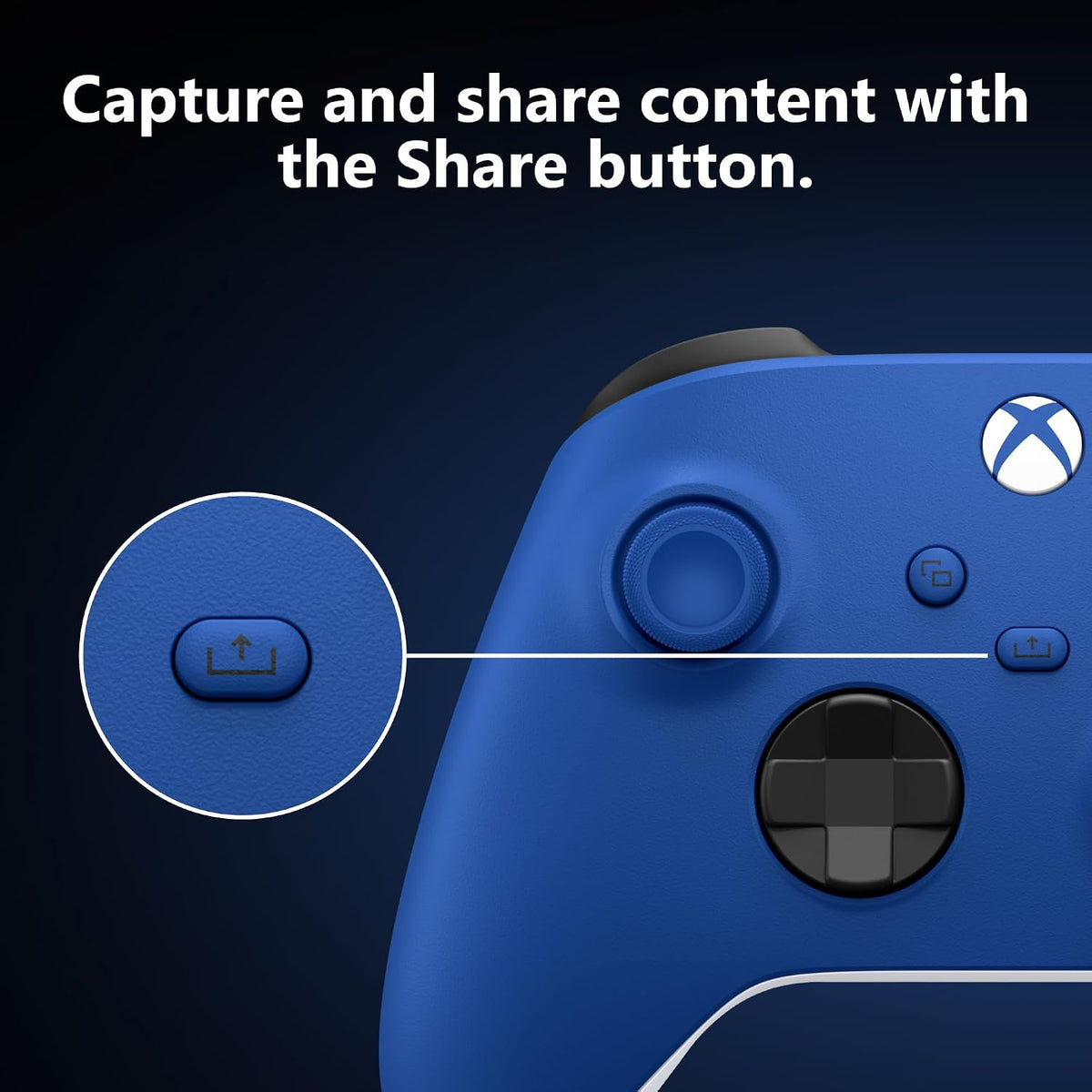 Close-up of the dedicated Share button on the Microsoft Xbox Wireless Controller in Shock Blue, used to capture screenshots and record gameplay.
