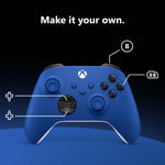 Shock Blue Microsoft Xbox Wireless Controller showing the front button layout, analogue thumbsticks, hybrid D-pad and customisable gaming controls.