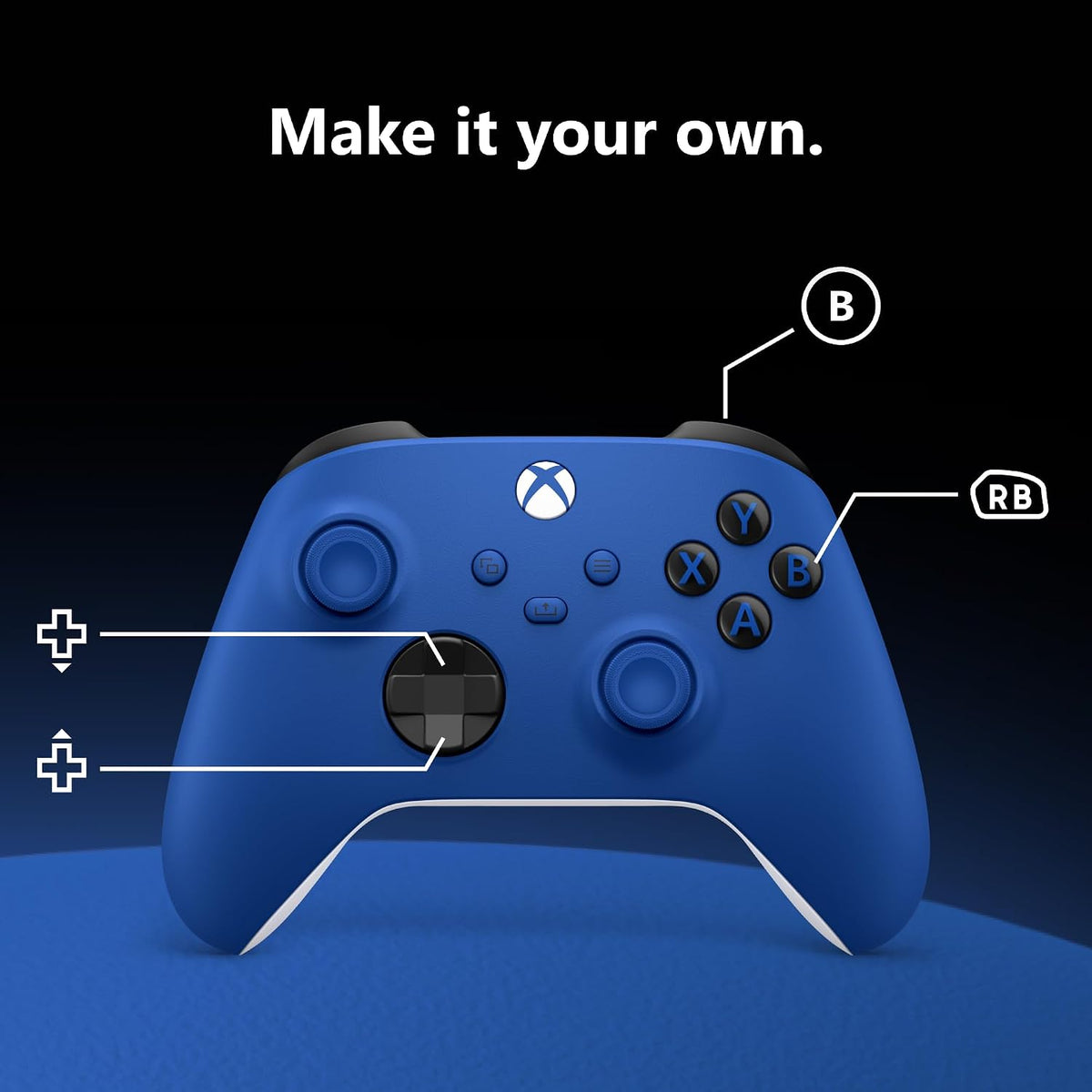Shock Blue Microsoft Xbox Wireless Controller showing the front button layout, analogue thumbsticks, hybrid D-pad and customisable gaming controls.