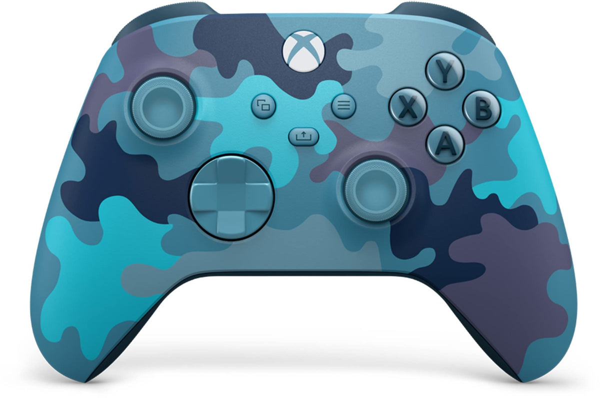 Microsoft Xbox Wireless Controller Mineral Camo Special Edition, front view showing the blue, aqua and purple camouflage design, analogue sticks, hybrid D-pad and Xbox buttons.