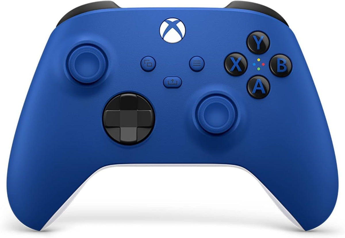 Official Microsoft Xbox Wireless Controller in Shock Blue, front view showing the vibrant blue casing, black analogue sticks, hybrid D-pad and Xbox buttons.