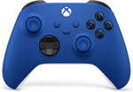Official Microsoft Xbox Wireless Controller in Shock Blue, front view showing vibrant blue casing, black buttons, textured thumbsticks and hybrid D-pad.