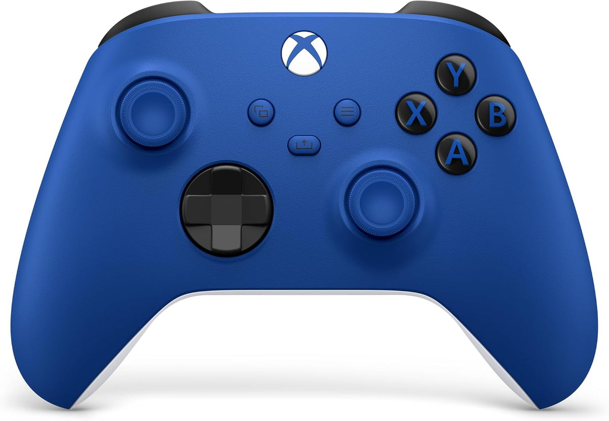 Official Microsoft Xbox Wireless Controller in Shock Blue, front view showing vibrant blue casing, black buttons, textured thumbsticks and hybrid D-pad.