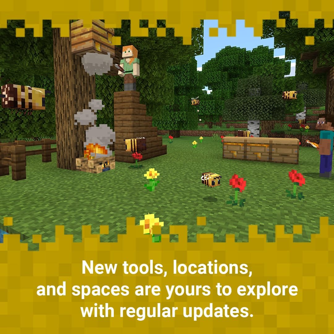 Minecraft Nintendo Switch gameplay featuring a woodland campsite with a campfire, wooden structures, characters and colourful flowers.