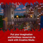 Minecraft Nintendo Switch Creative Mode gameplay featuring a large medieval stone castle with towers, bridges and detailed architecture.