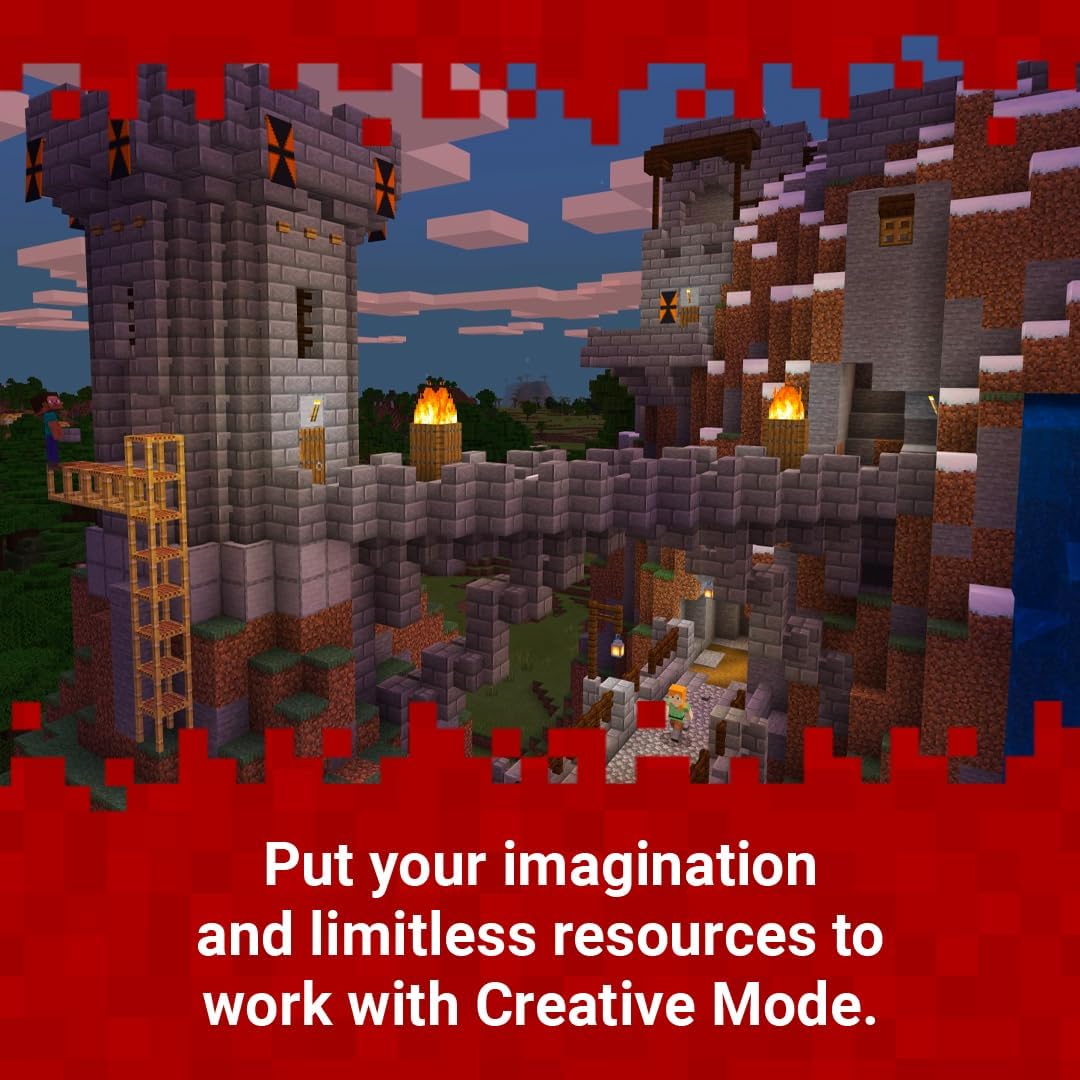 Minecraft Nintendo Switch Creative Mode gameplay featuring a large medieval stone castle with towers, bridges and detailed architecture.
