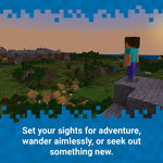 Minecraft Nintendo Switch gameplay showing Steve overlooking a vast open world with forests, mountains and rivers ready to explore.