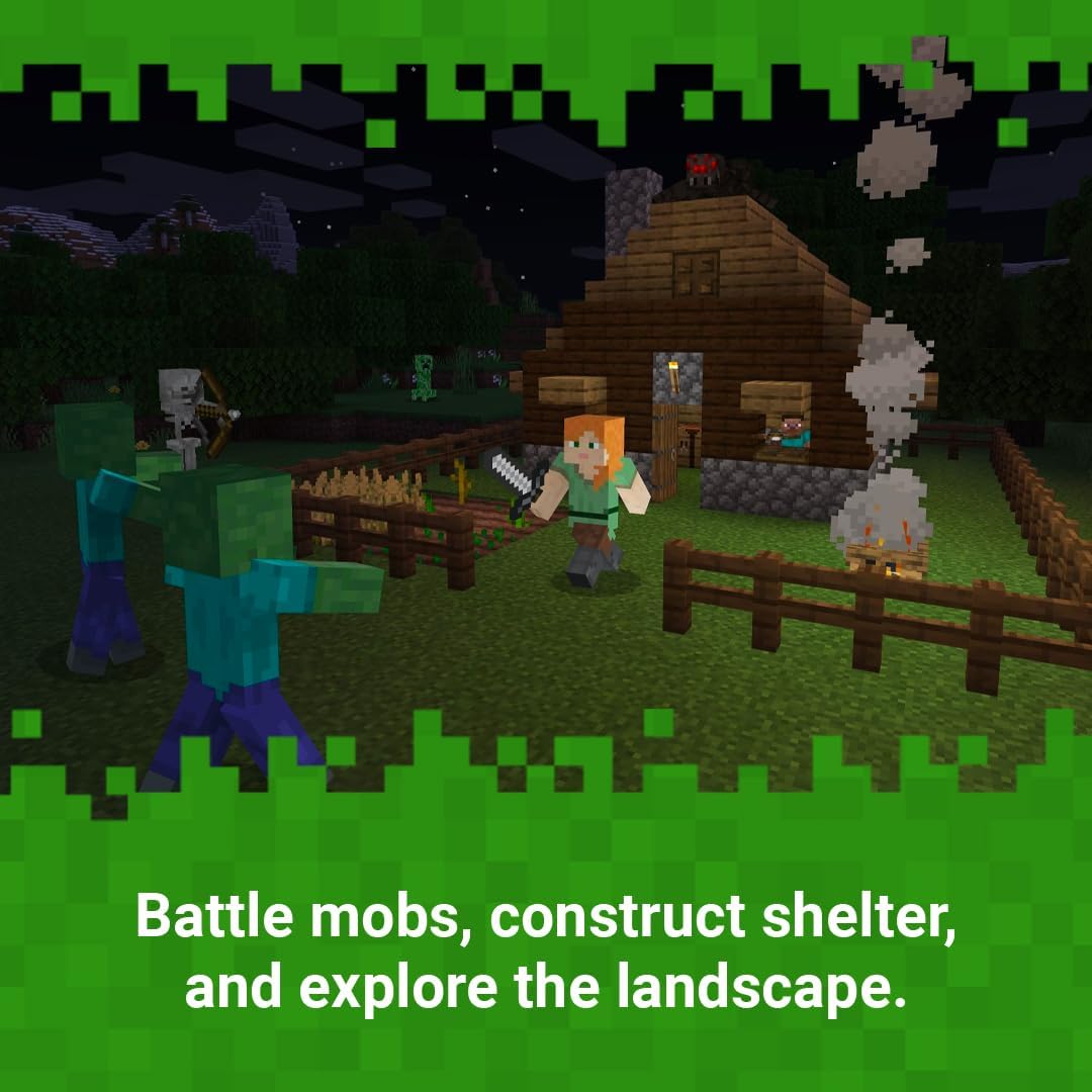 Minecraft Nintendo Switch survival gameplay showing a wooden house, fenced garden, characters and zombies in a village at night.