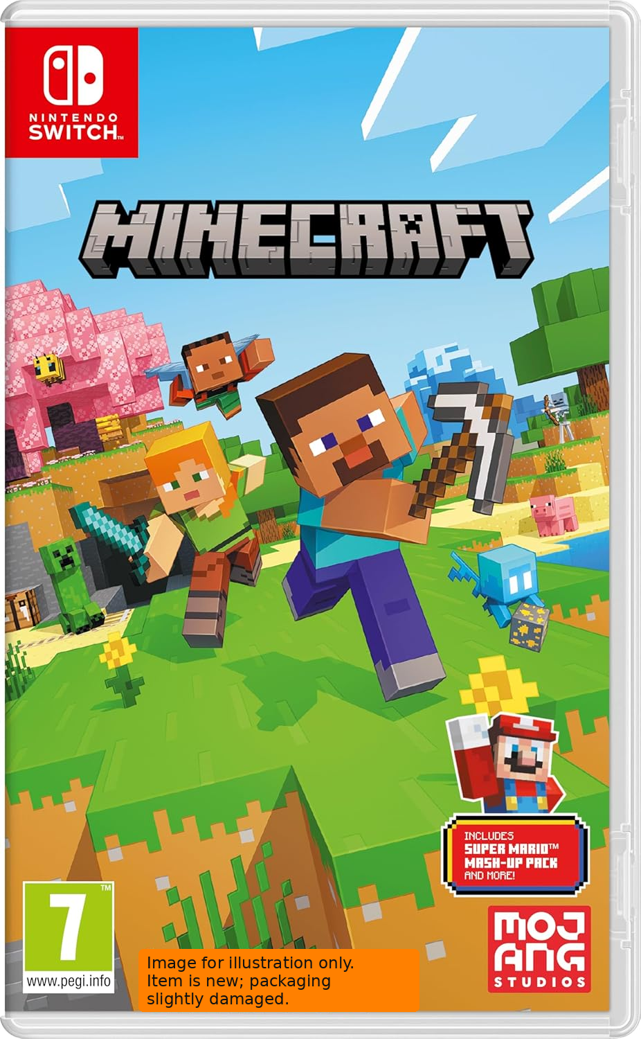 Minecraft Nintendo Switch game cover featuring Steve, Alex, Minecraft characters and the official PEGI 7 rating.