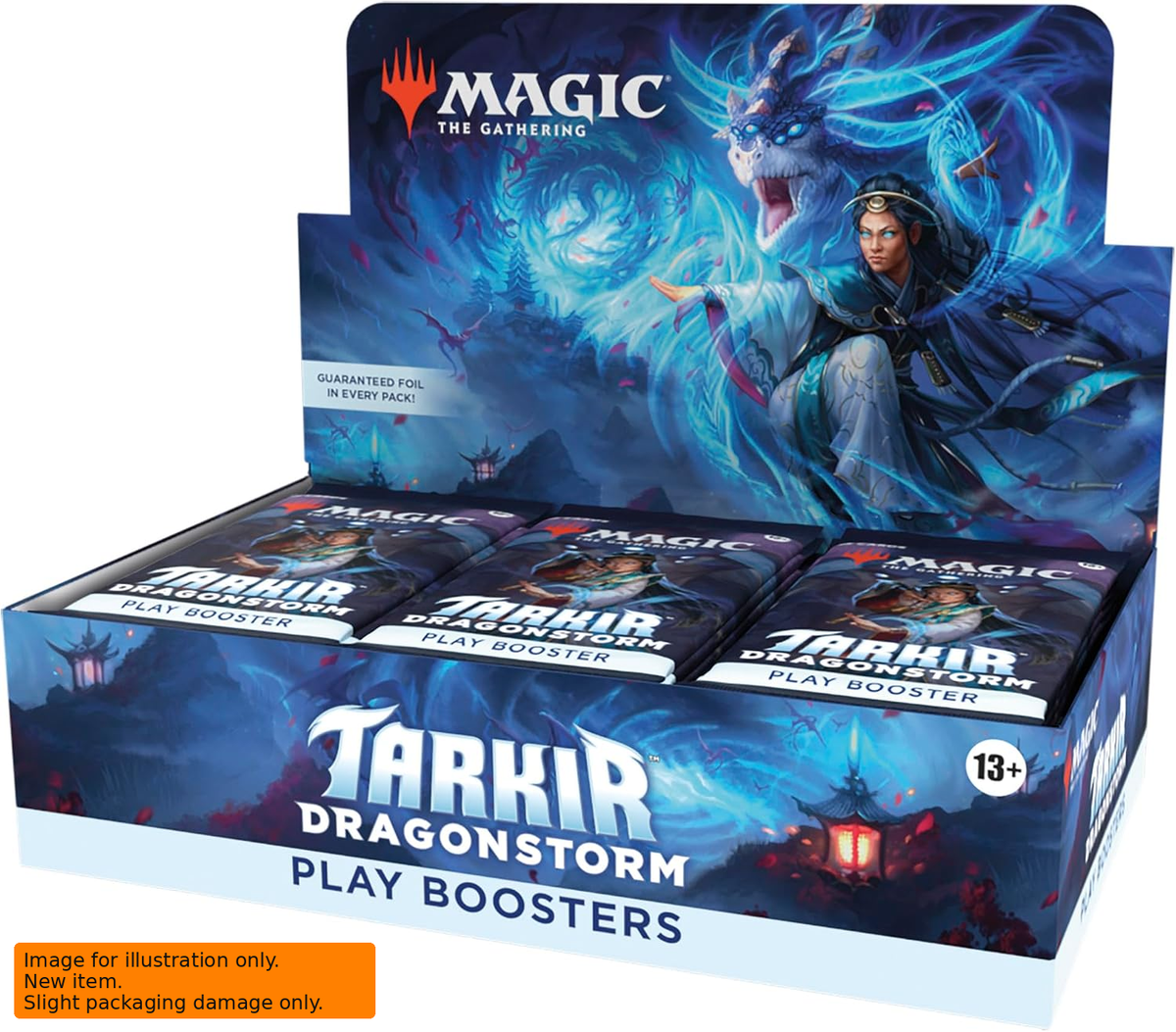 Magic The Gathering Tarkir Dragonstorm Play Booster Box containing 30 booster packs with 14 trading cards per pack, featuring official dragon-themed artwork.